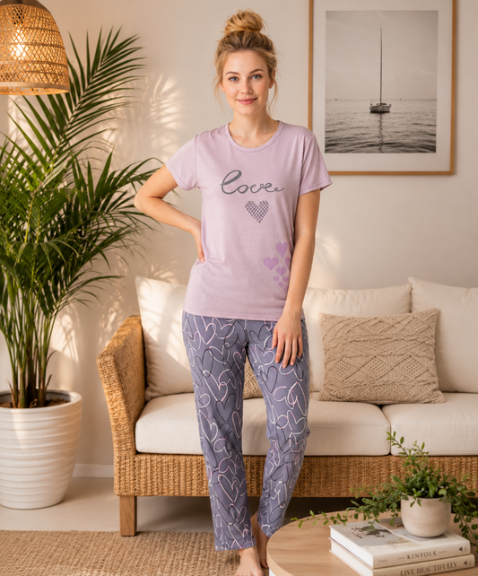 Stella Pink Soft Hosiery Printed Lounge Set – Lavender Hearts