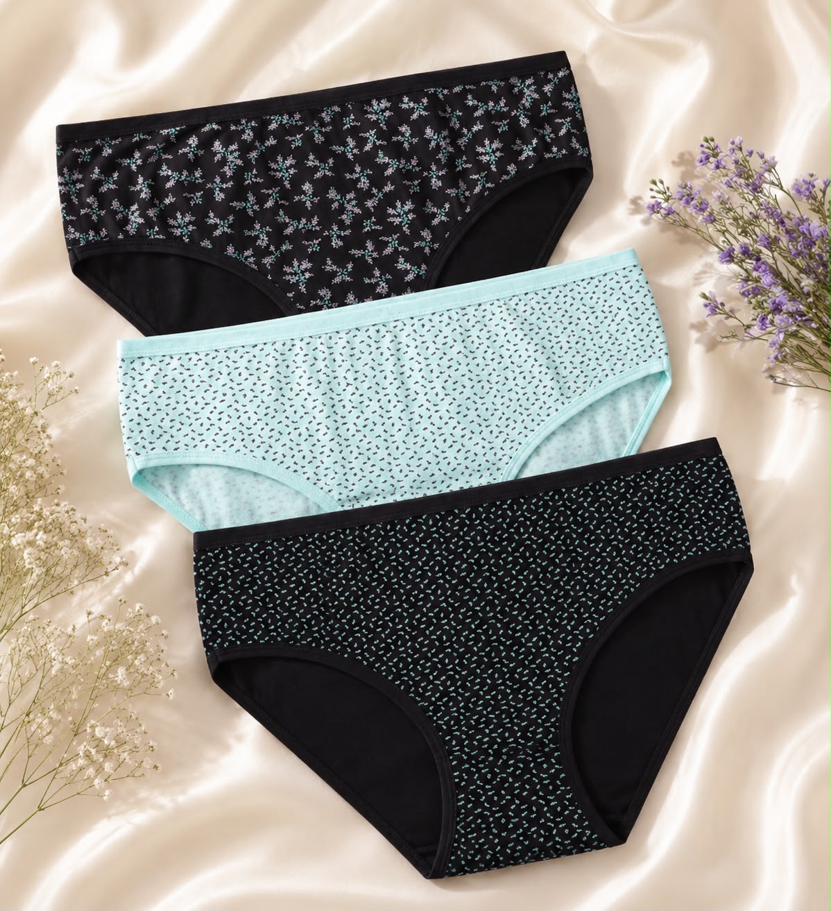 Dominant Turkish Cotton Plus Size Comfort Briefs – Pack of 3 – Aqua Blossom