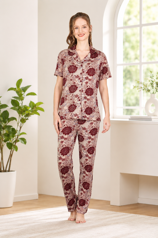 Women's Soft Hosiery Floral Night Suit – 2 Piece Button Down Pajama Set