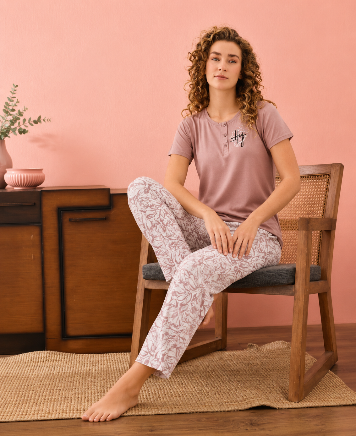 Noya Soft Hosiery Printed Lounge Set – Mauve Bloom