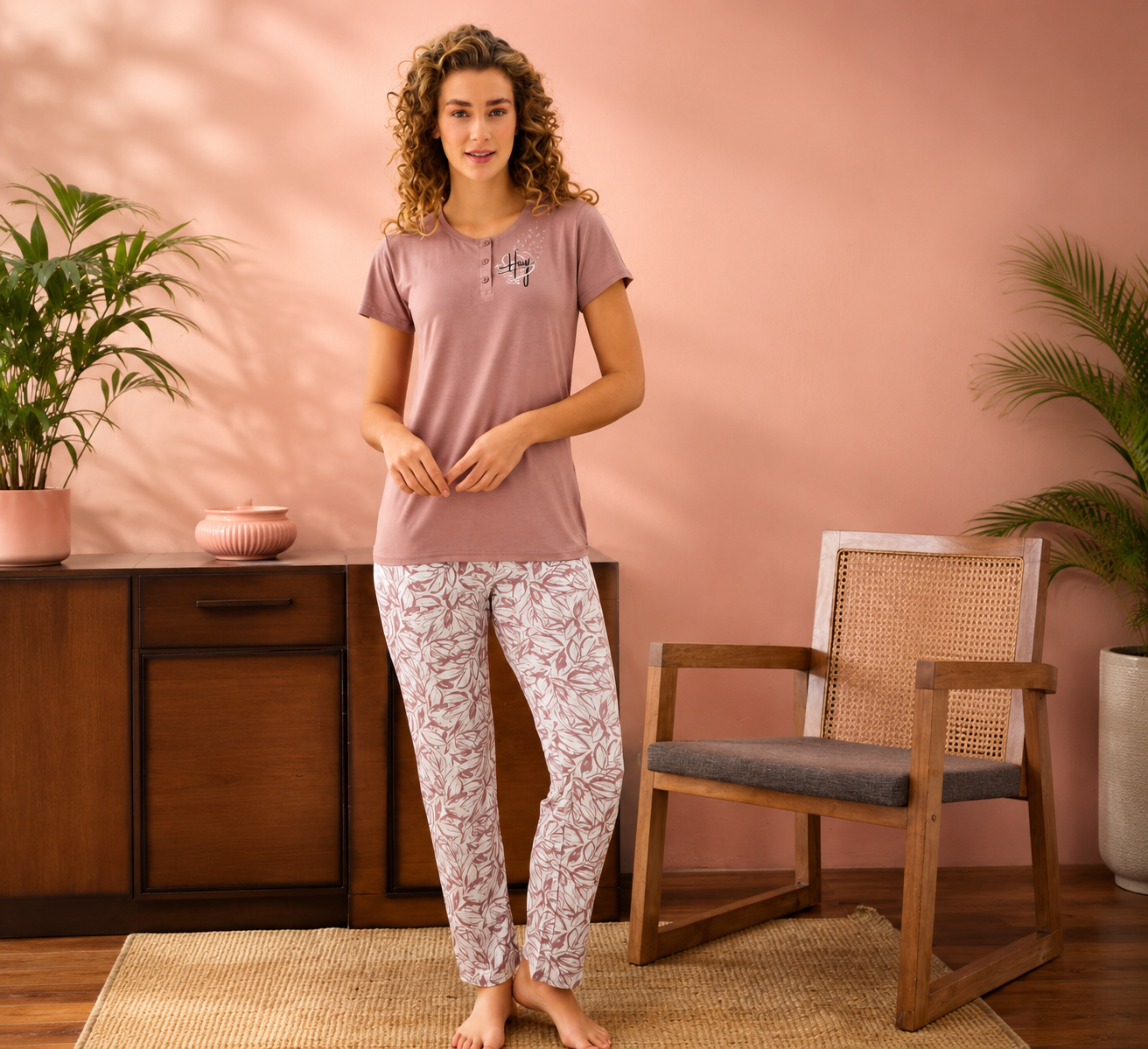 Noya Soft Hosiery Printed Lounge Set – Mauve Bloom