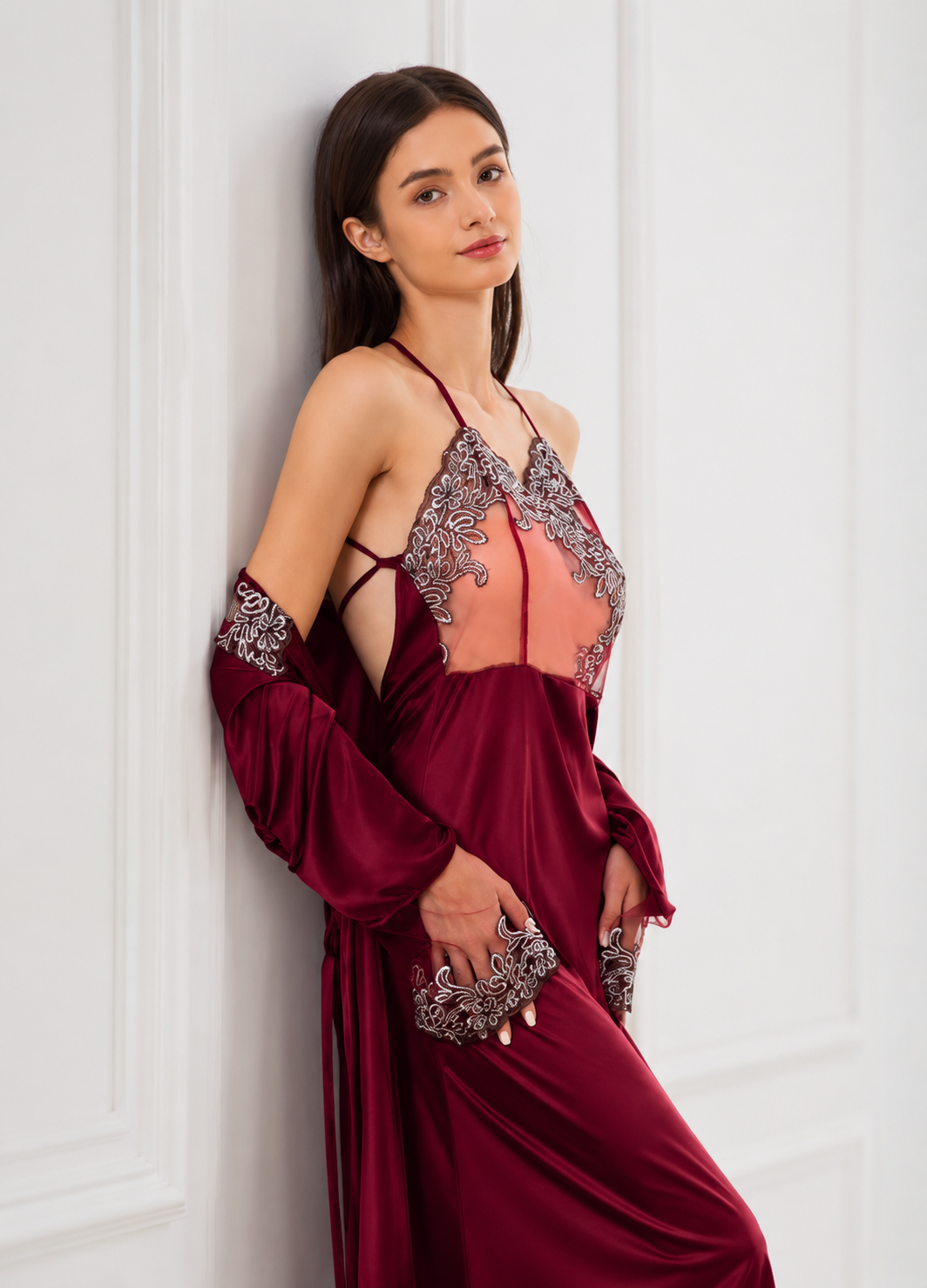 Majestic Embroidered Lace 2 Piece Long Nightgown Set