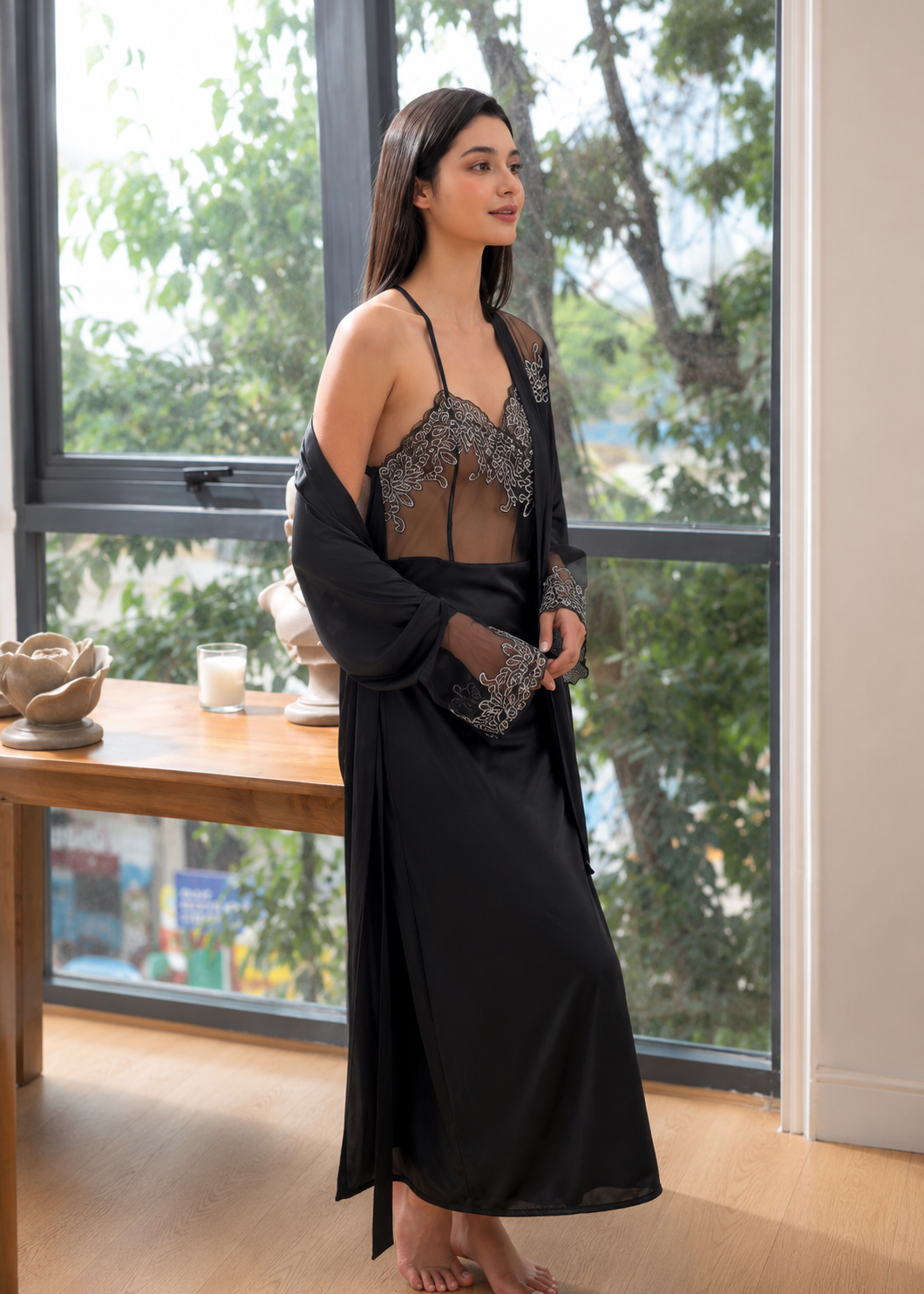 Majestic Embroidered Lace 2 Piece Long Nightgown Set