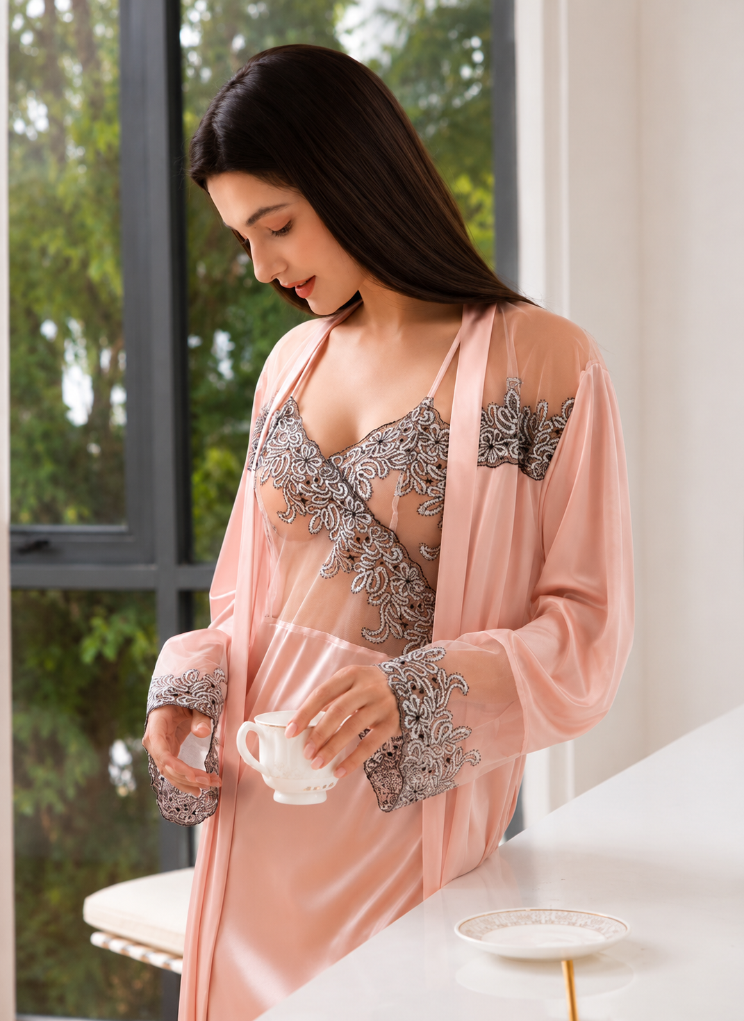 Majestic Embroidered Lace 2 Piece Long Nightgown Set