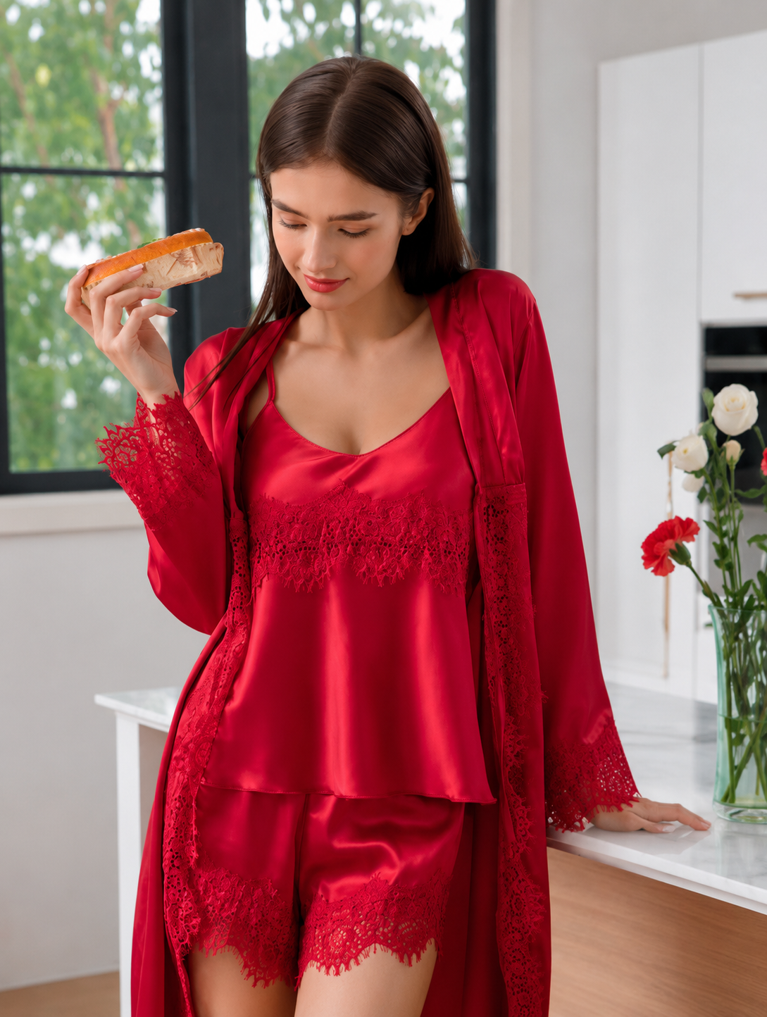 Luxury Satin Lace 4 Piece Nightwear Gown Set