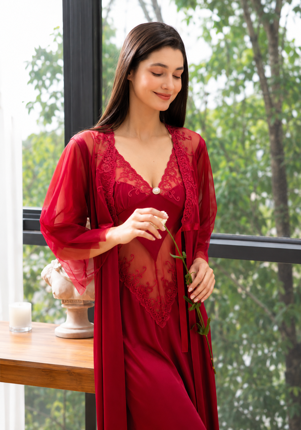 Grace Embroidered Lace 2 Piece Long Nightgown Set