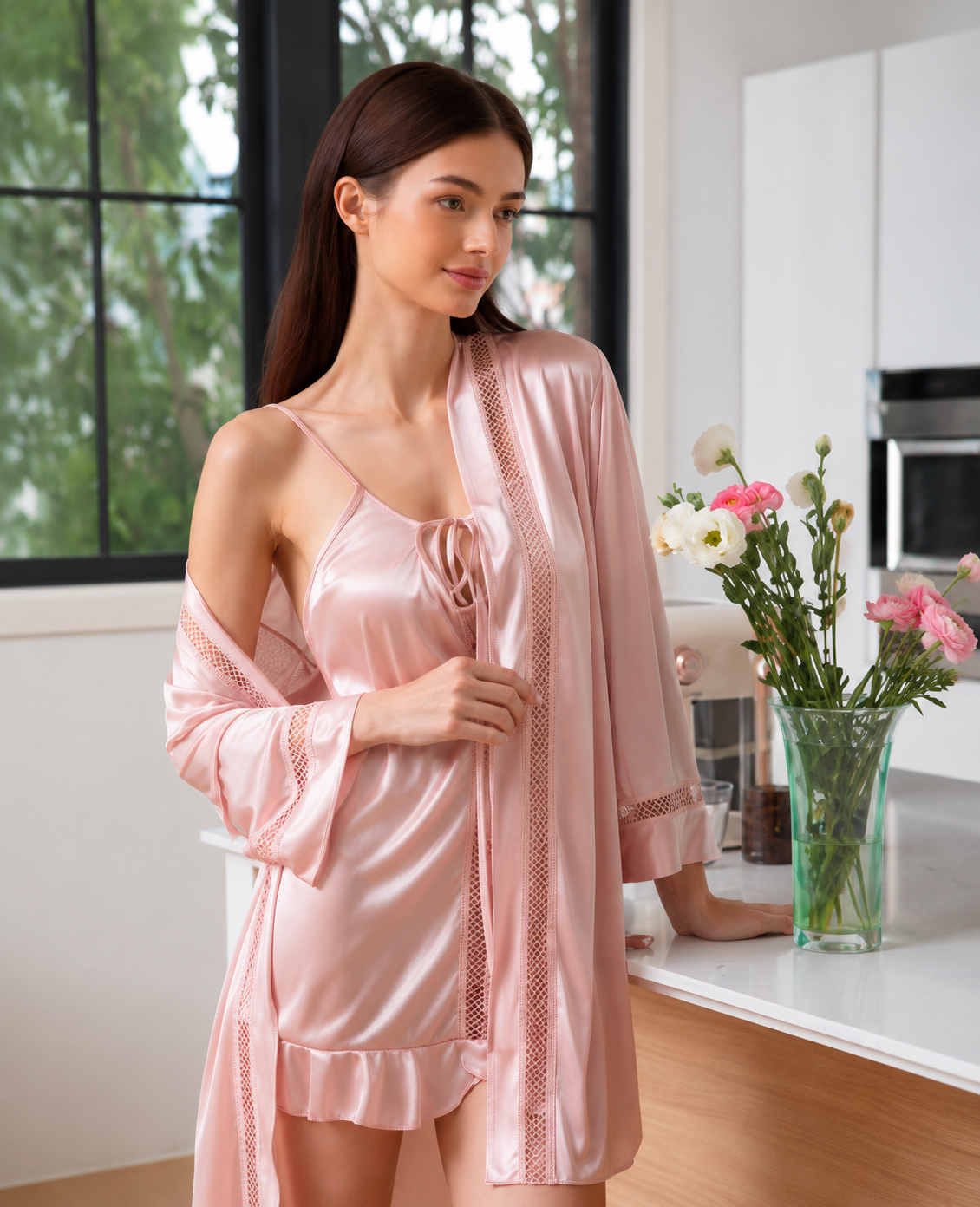 Midnight Elegance Silk Feel Short Gown Set