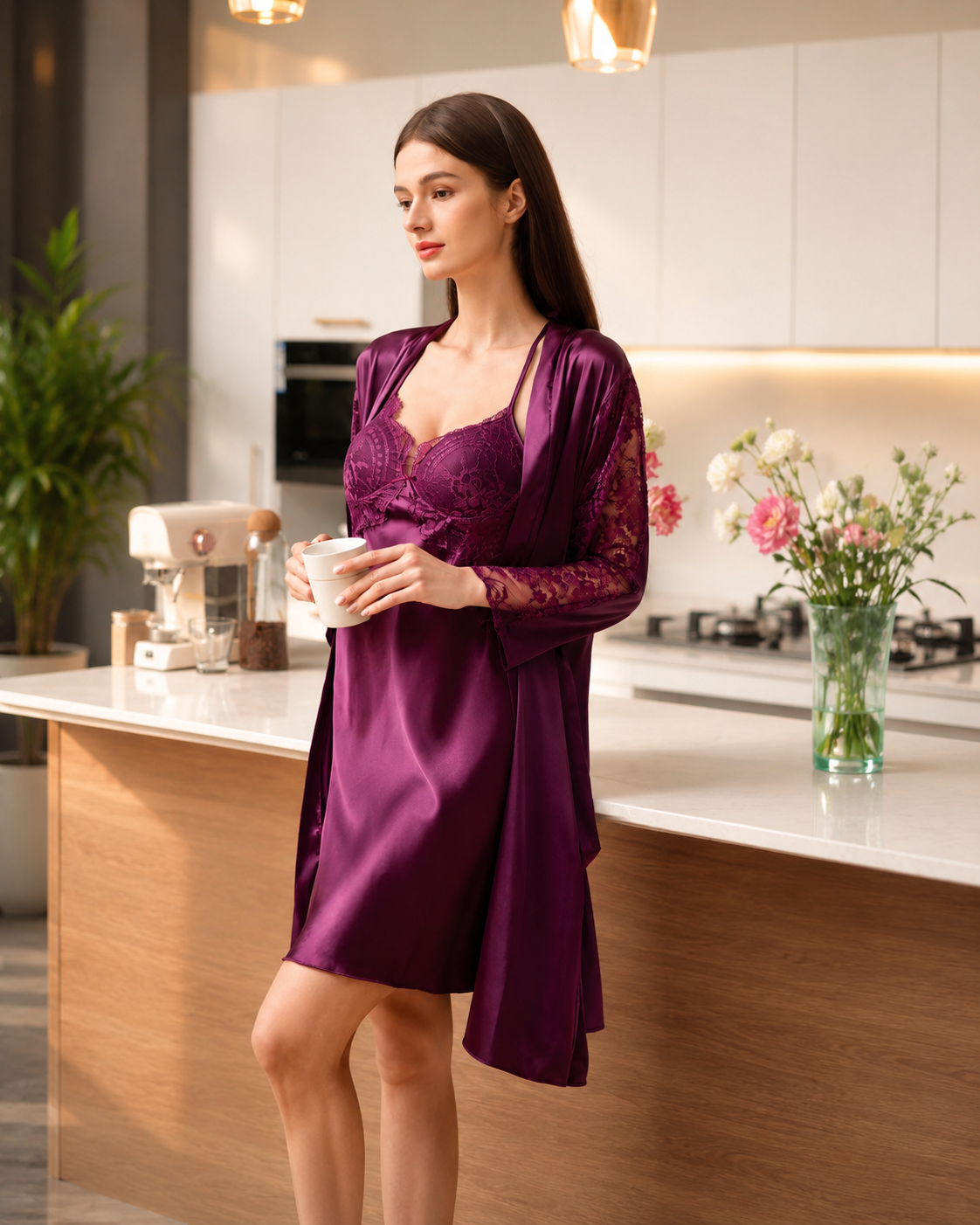 Celeste Elegance Silk Feel Long Gown Set