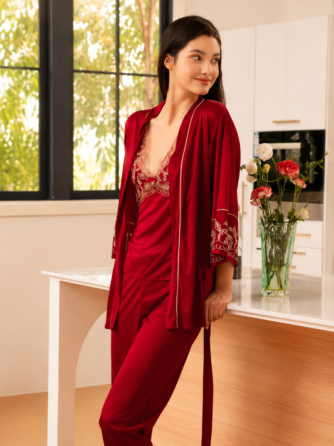 Luxury Satin Lace Cami, Robe & Trouser Set