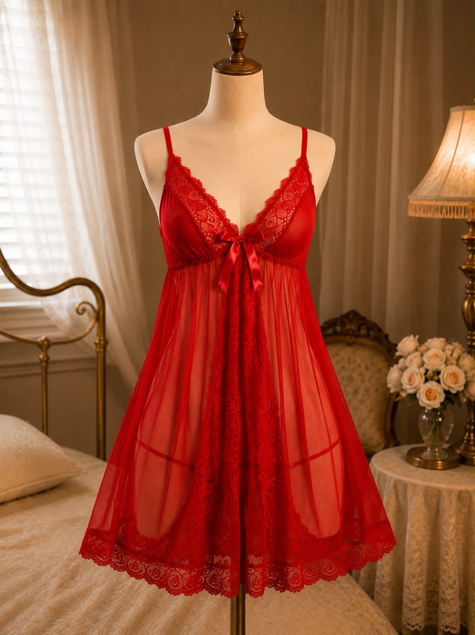 Crimson Elegance 1-Piece Sheer Lace Nighty