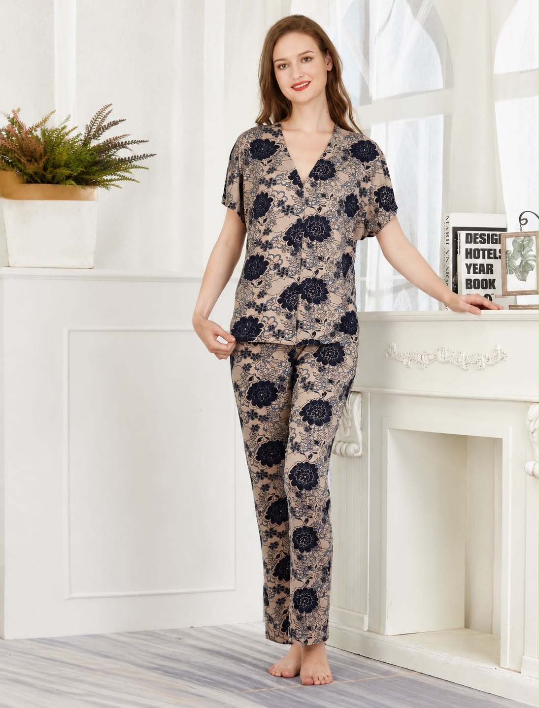 Women's Floral Soft Hosiery V-Neck Night Suit – 2 Piece
