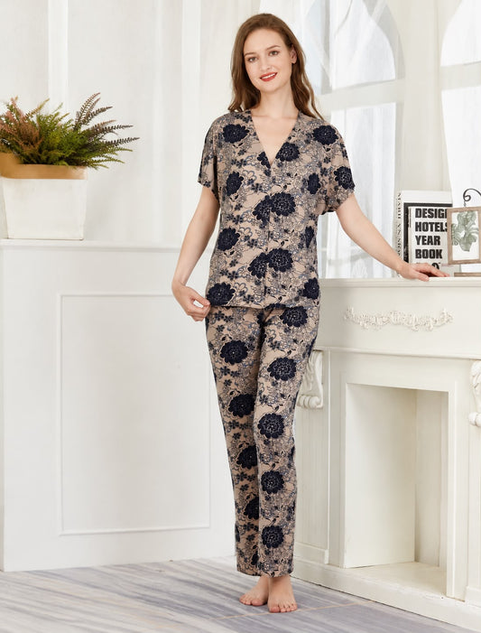 Women's Floral Soft Hosiery V-Neck Night Suit – 2 Piece