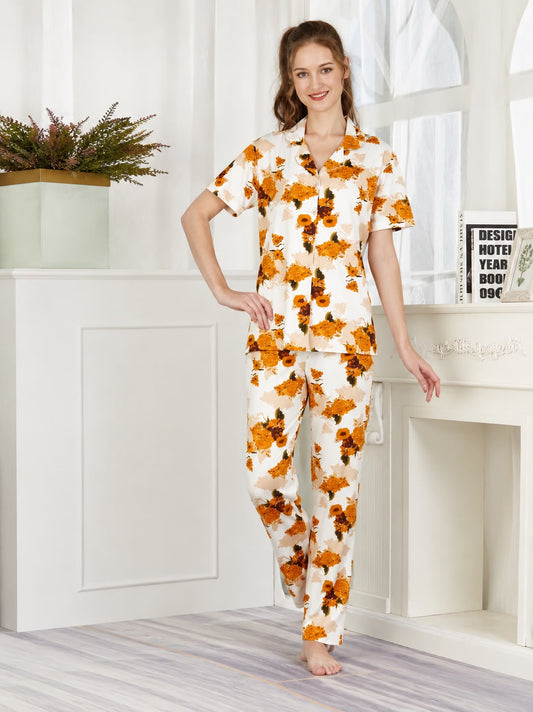 Women's Floral Soft Hosiery Button-Down Night Suit – 2 Piece