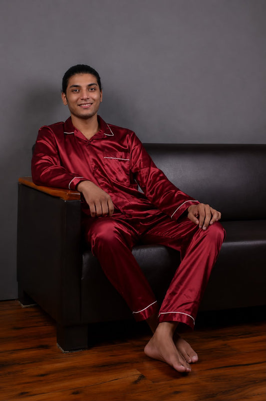 Men's Classic Maroon Silk Sleepwear Set
