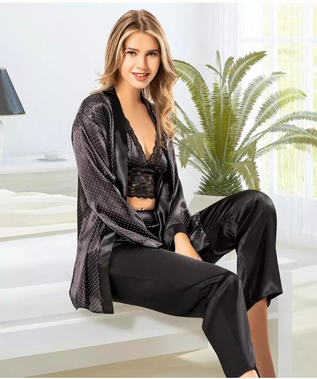 Nilay Rose Blush 3-Piece Satin & Lace Pajama Set