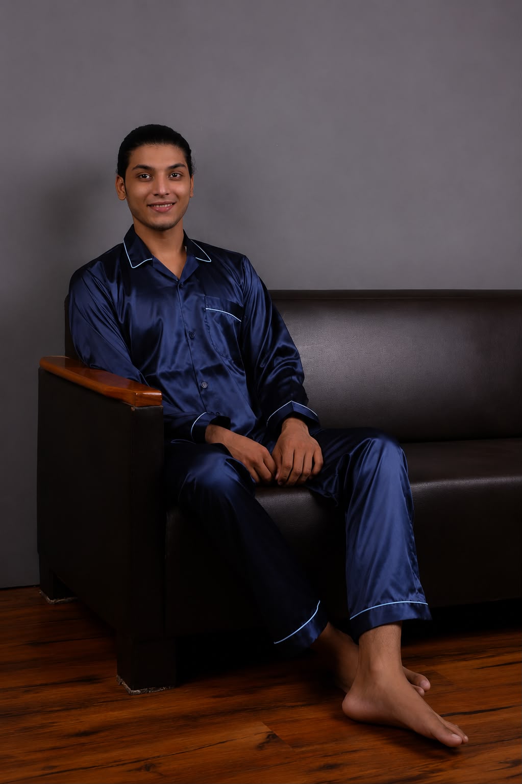 Men's Classic Navy Blue Silk Sleepwear Set